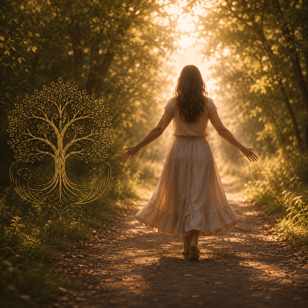 Frau geht im Wald in ihre positive Zukunft